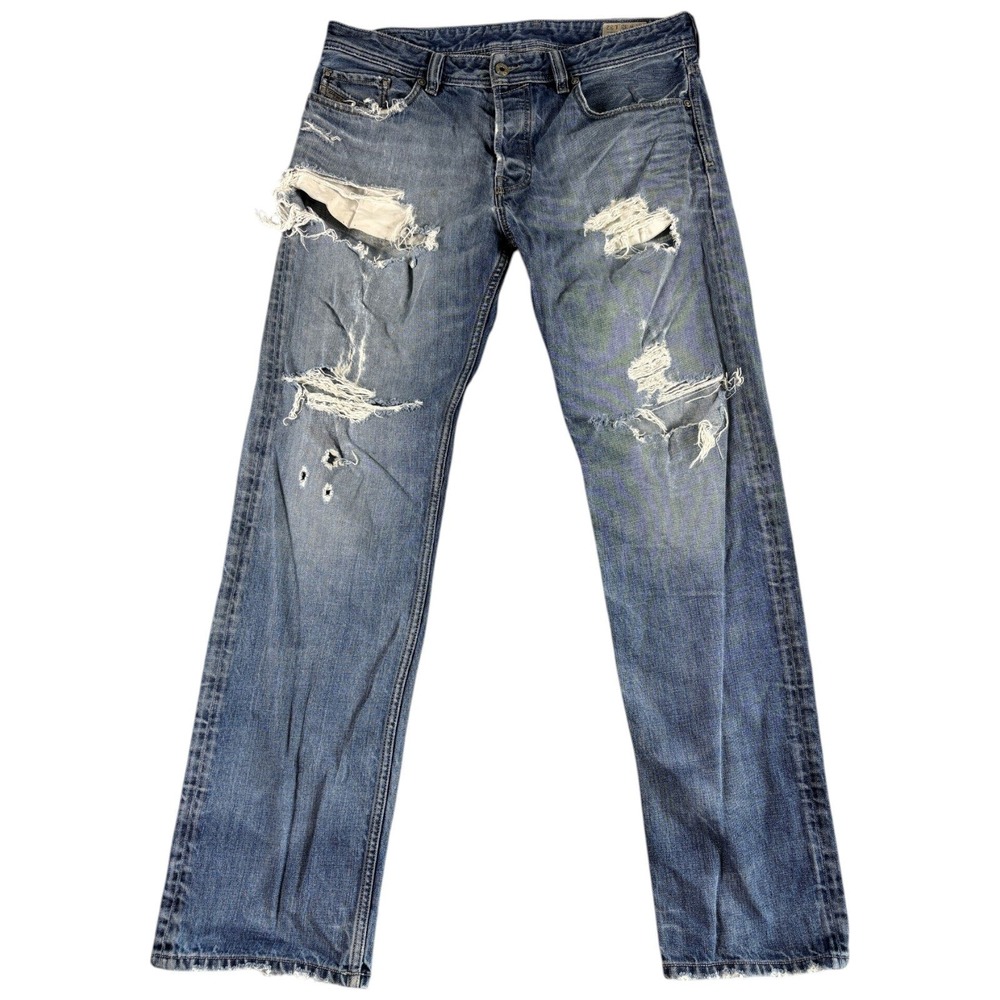Diesel Larkee Relaxed Jeans Mens 33 Blue Distressed Straight Leg Worn Buttonfly